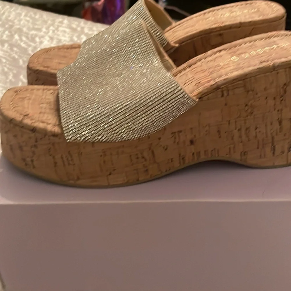 Gold and Brown Platform Shoes with Rhinestone Strap - Picture 2 of 2